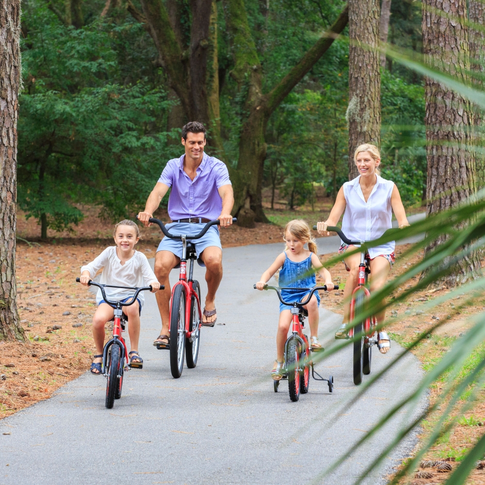 Family biking on a path 